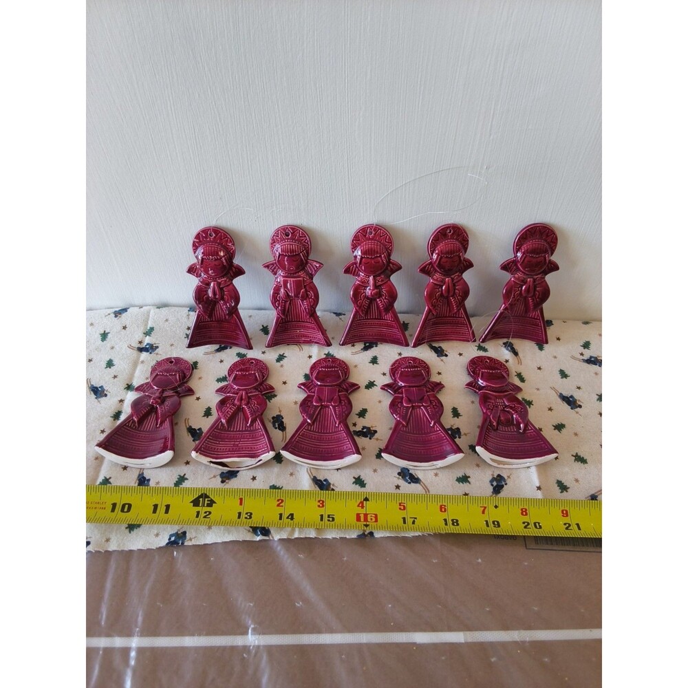 Set of 10 Vintage Kitchy Ceramic Angel Ornaments Maroon Red Retro Holiday MCM